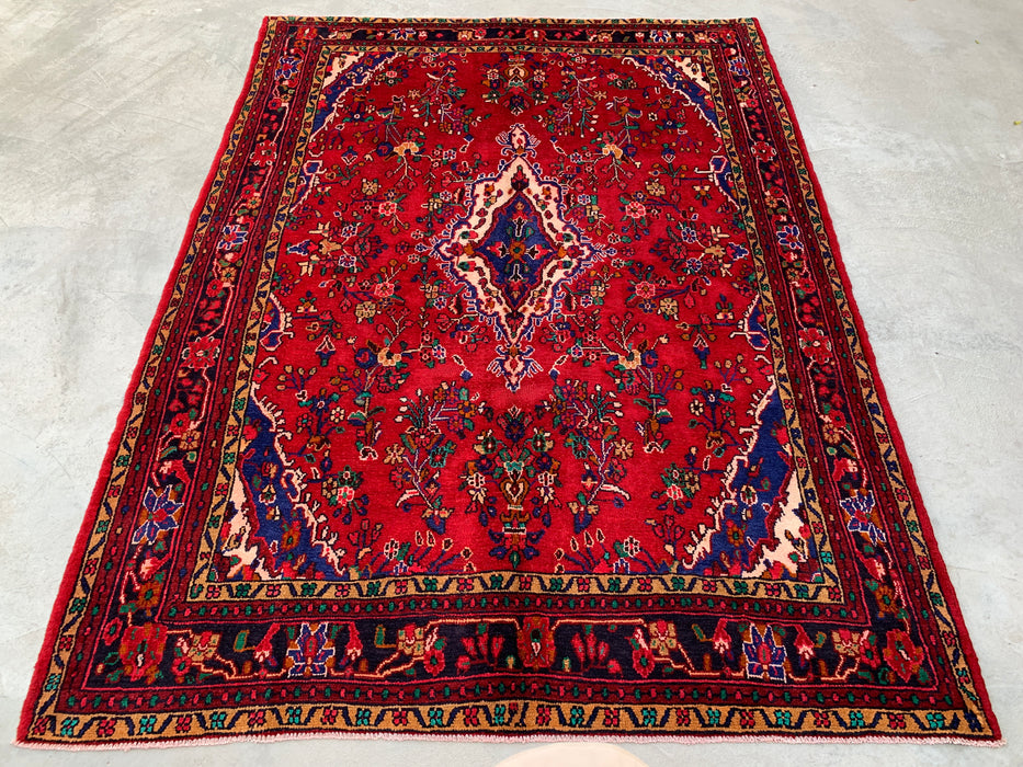 9'8" x 7'2" Hand-Knotted Persian Wool Rug – Red, Blue & Ivory Floral Medallion Design – KBHM-819