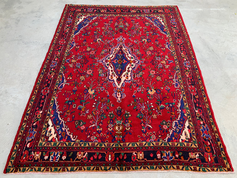 9'8" x 7'2" Hand-Knotted Persian Wool Rug – Red, Blue & Ivory Floral Medallion Design – KBHM-819