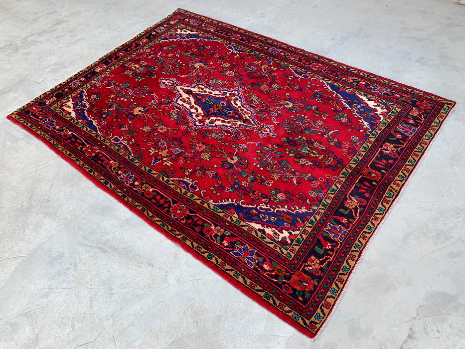 9'8" x 7'2" Hand-Knotted Persian Wool Rug – Red, Blue & Ivory Floral Medallion Design – KBHM-819