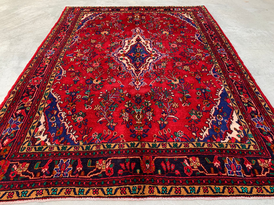 9'8" x 7'2" Hand-Knotted Persian Wool Rug – Red, Blue & Ivory Floral Medallion Design – KBHM-819