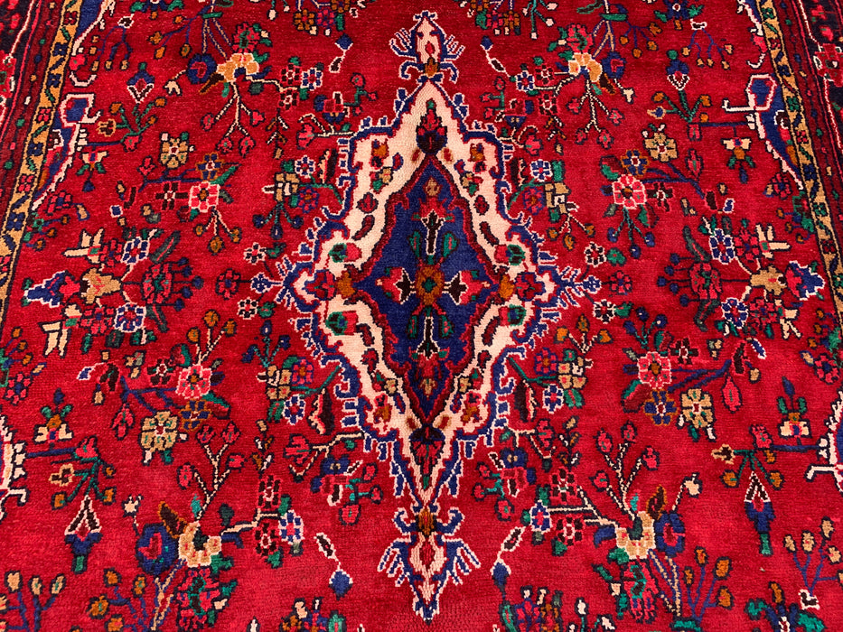 9'8" x 7'2" Hand-Knotted Persian Wool Rug – Red, Blue & Ivory Floral Medallion Design – KBHM-819