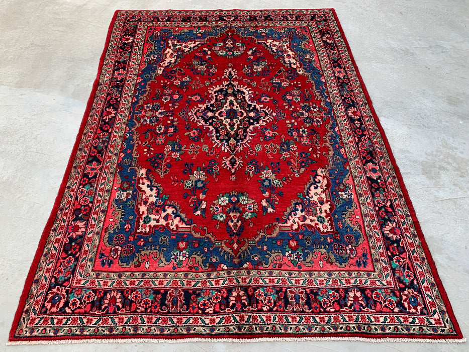9'10" x 7'0" Hand-Knotted Persian Wool Rug – Red, Blue & Ivory Floral Medallion Design – KBHM-820