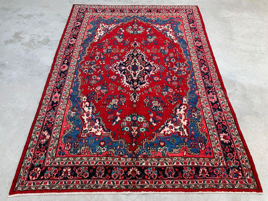 9'10" x 7'0" Hand-Knotted Persian Wool Rug – Red, Blue & Ivory Floral Medallion Design – KBHM-820