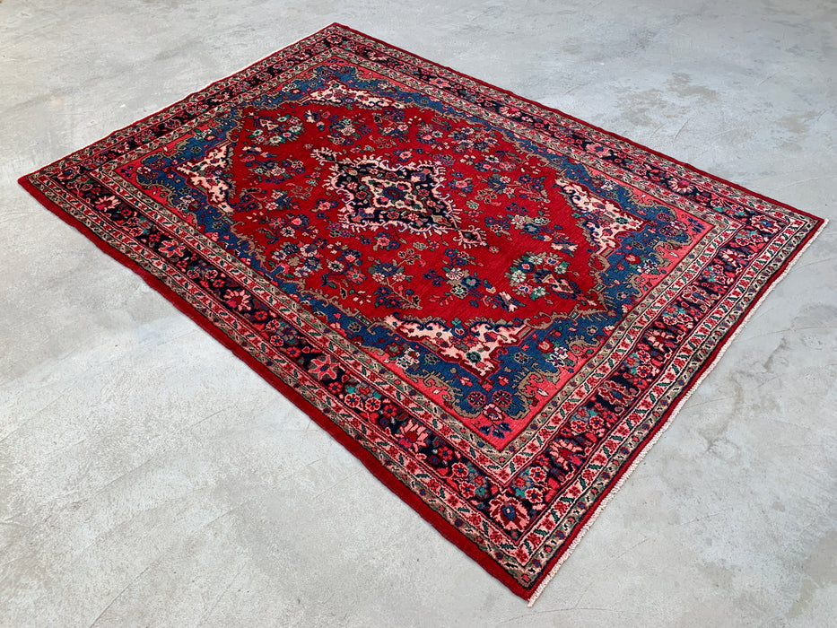 9'10" x 7'0" Hand-Knotted Persian Wool Rug – Red, Blue & Ivory Floral Medallion Design – KBHM-820