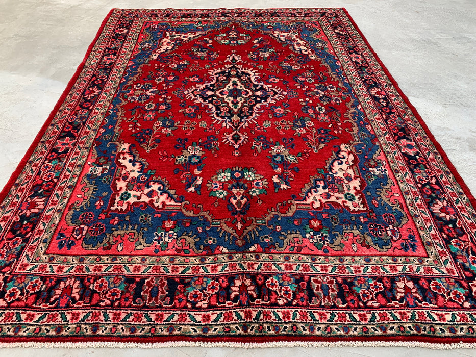 9'10" x 7'0" Hand-Knotted Persian Wool Rug – Red, Blue & Ivory Floral Medallion Design – KBHM-820