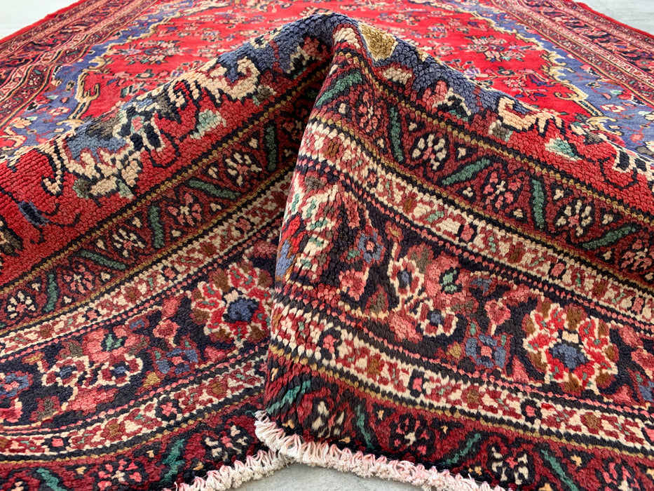Handmade Persian Wool Area Rug 7x10 - Red, Blue & Ivory Floral Medallion Persian Style Rug - Exact Size 10'1" x 6'8" - KBHM-821