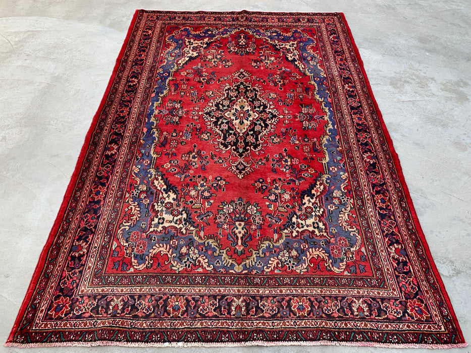 Handmade Persian Wool Area Rug 7x10 - Red, Blue & Ivory Floral Medallion Persian Style Rug - Exact Size 10'1" x 6'8" - KBHM-821