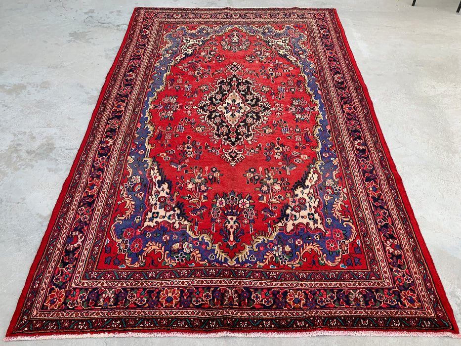 Handmade Persian Wool Area Rug 7x10 - Red, Blue & Ivory Floral Medallion Persian Style Rug - Exact Size 10'1" x 6'8" - KBHM-821