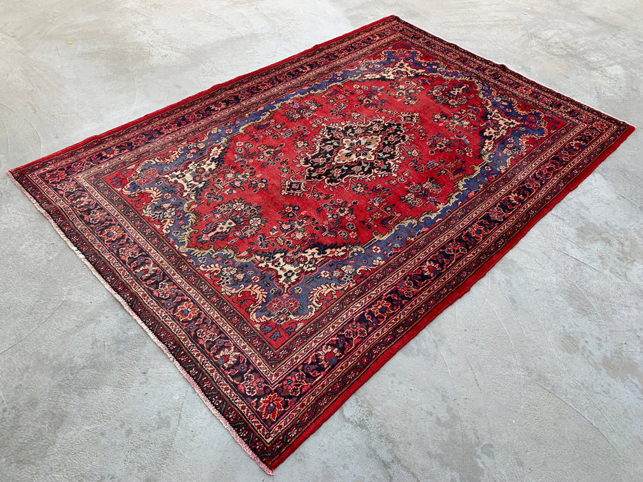 Handmade Persian Wool Area Rug 7x10 - Red, Blue & Ivory Floral Medallion Persian Style Rug - Exact Size 10'1" x 6'8" - KBHM-821