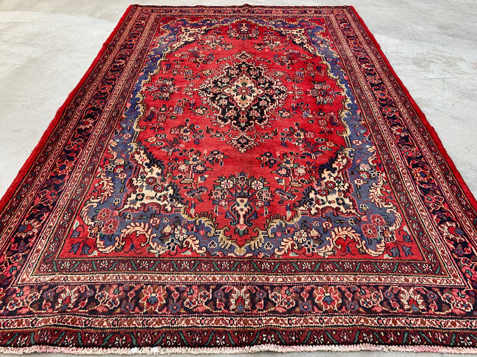 Handmade Persian Wool Area Rug 7x10 - Red, Blue & Ivory Floral Medallion Persian Style Rug - Exact Size 10'1" x 6'8" - KBHM-821