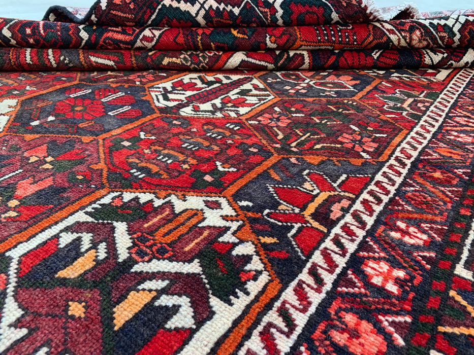 Handmade Persian Wool Area Rug 7x10 - Red, Ivory & Navy Geometric Panel Persian Style Rug - Exact Size 9'9" x 6'7" - KBHM-823