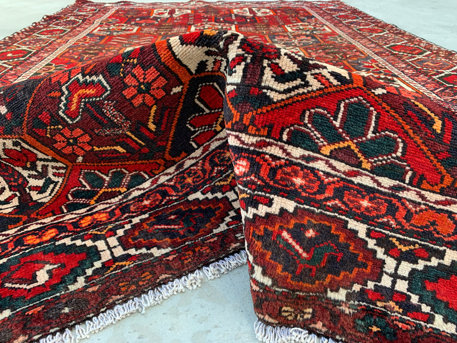 Handmade Persian Wool Area Rug 7x10 - Red, Ivory & Navy Geometric Panel Persian Style Rug - Exact Size 9'9" x 6'7" - KBHM-823
