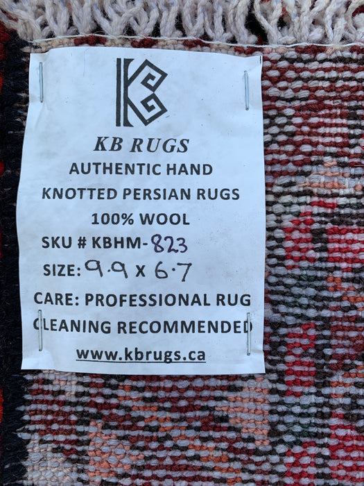 Handmade Persian Wool Area Rug 7x10 - Red, Ivory & Navy Geometric Panel Persian Style Rug - Exact Size 9'9" x 6'7" - KBHM-823
