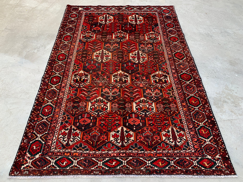 Handmade Persian Wool Area Rug 7x10 - Red, Ivory & Navy Geometric Panel Persian Style Rug - Exact Size 9'9" x 6'7" - KBHM-823