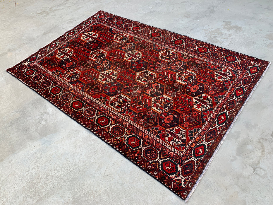 Handmade Persian Wool Area Rug 7x10 - Red, Ivory & Navy Geometric Panel Persian Style Rug - Exact Size 9'9" x 6'7" - KBHM-823