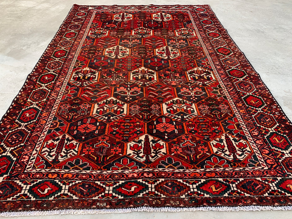 Handmade Persian Wool Area Rug 7x10 - Red, Ivory & Navy Geometric Panel Persian Style Rug - Exact Size 9'9" x 6'7" - KBHM-823