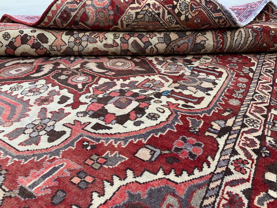Handmade Persian Wool Area Rug 7x10 - Red Medallion Persian Style Rug with Ivory Center - Exact Size 9'10" x 6'7" - KBHM-826