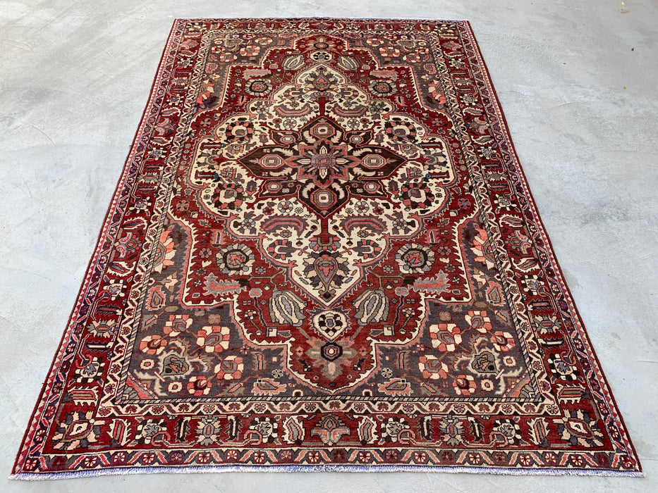Handmade Persian Wool Area Rug 7x10 - Red Medallion Persian Style Rug with Ivory Center - Exact Size 9'10" x 6'7" - KBHM-826