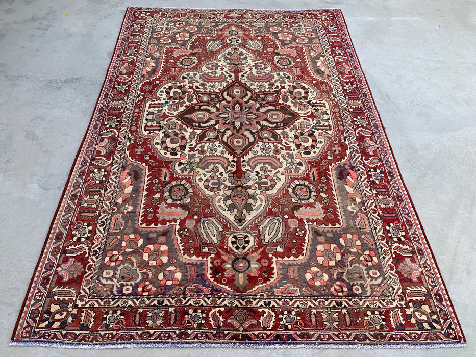 Handmade Persian Wool Area Rug 7x10 - Red Medallion Persian Style Rug with Ivory Center - Exact Size 9'10" x 6'7" - KBHM-826