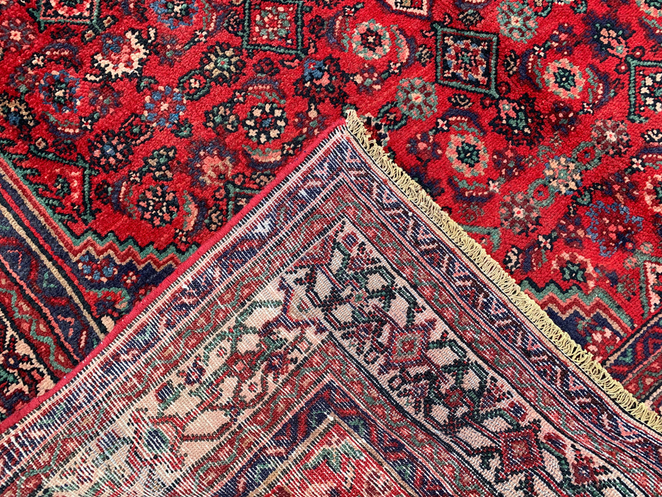 Handmade Persian Wool Area Rug 7x10 - Red Diamond Medallion Persian Style Rug with Navy Accents - Exact Size 9'10" x 6'7" - KBHM-827
