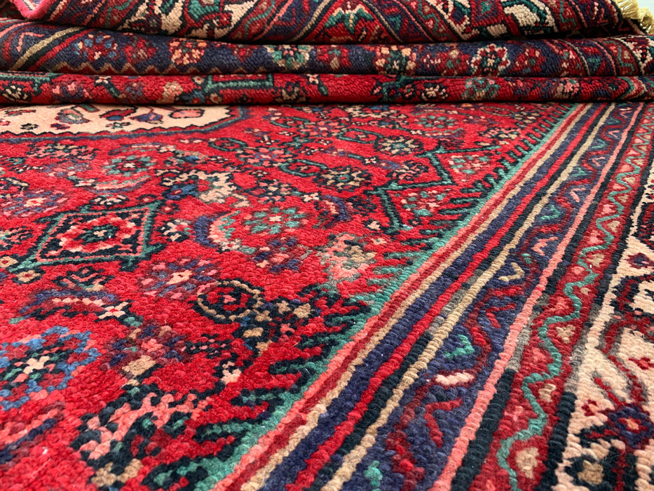 Handmade Persian Wool Area Rug 7x10 - Red Diamond Medallion Persian Style Rug with Navy Accents - Exact Size 9'10" x 6'7" - KBHM-827