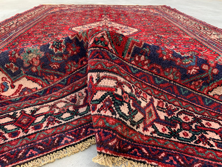 Handmade Persian Wool Area Rug 7x10 - Red Diamond Medallion Persian Style Rug with Navy Accents - Exact Size 9'10" x 6'7" - KBHM-827