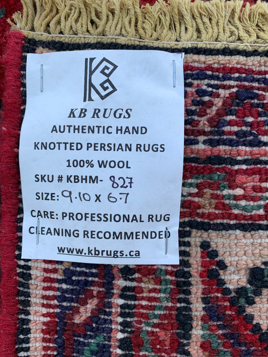 Handmade Persian Wool Area Rug 7x10 - Red Diamond Medallion Persian Style Rug with Navy Accents - Exact Size 9'10" x 6'7" - KBHM-827