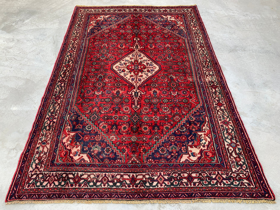 Handmade Persian Wool Area Rug 7x10 - Red Diamond Medallion Persian Style Rug with Navy Accents - Exact Size 9'10" x 6'7" - KBHM-827
