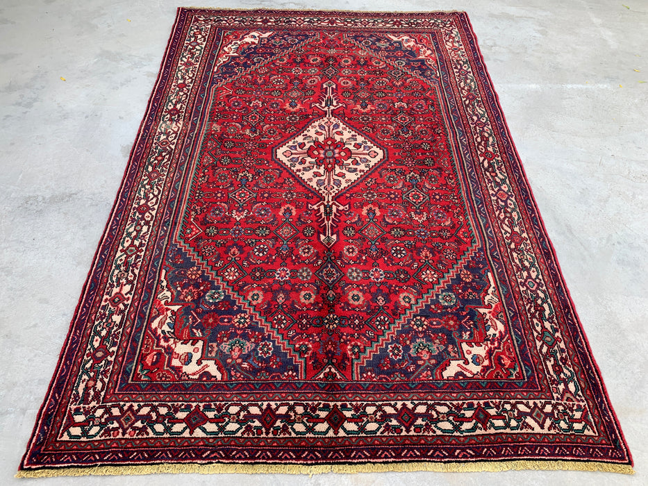 Handmade Persian Wool Area Rug 7x10 - Red Diamond Medallion Persian Style Rug with Navy Accents - Exact Size 9'10" x 6'7" - KBHM-827