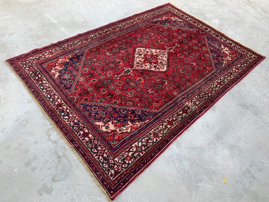 Handmade Persian Wool Area Rug 7x10 - Red Diamond Medallion Persian Style Rug with Navy Accents - Exact Size 9'10" x 6'7" - KBHM-827