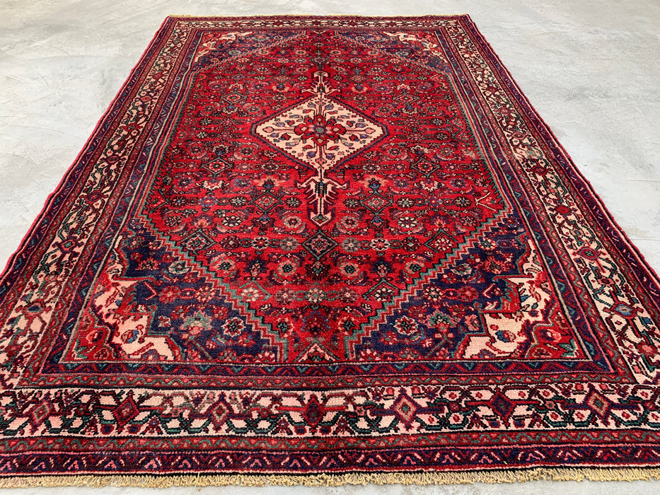 Handmade Persian Wool Area Rug 7x10 - Red Diamond Medallion Persian Style Rug with Navy Accents - Exact Size 9'10" x 6'7" - KBHM-827