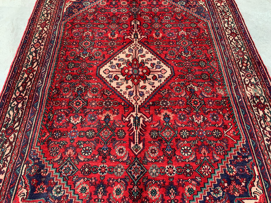 Handmade Persian Wool Area Rug 7x10 - Red Diamond Medallion Persian Style Rug with Navy Accents - Exact Size 9'10" x 6'7" - KBHM-827