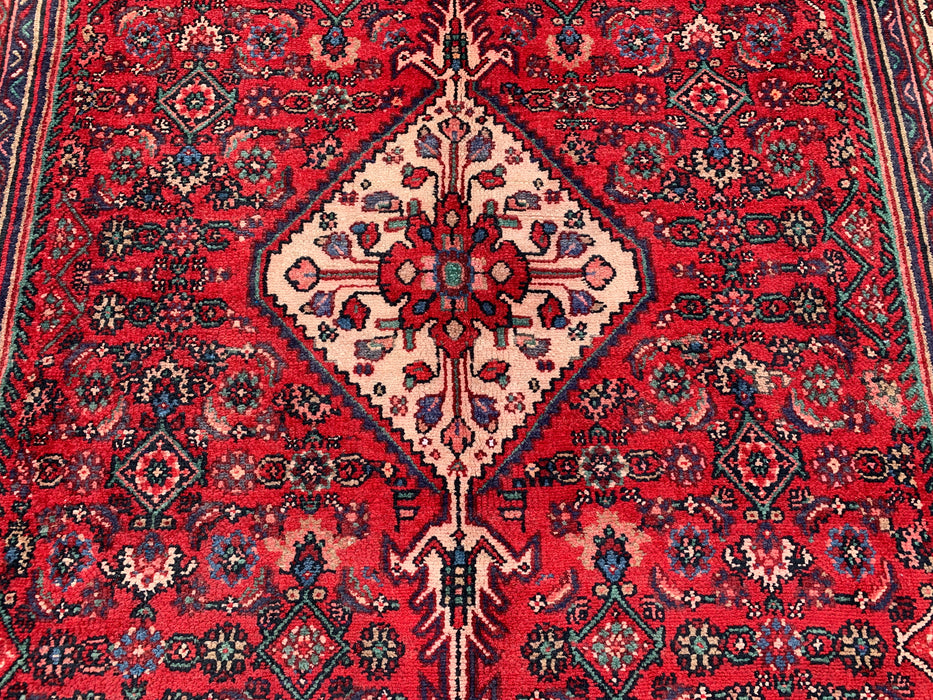 Handmade Persian Wool Area Rug 7x10 - Red Diamond Medallion Persian Style Rug with Navy Accents - Exact Size 9'10" x 6'7" - KBHM-827
