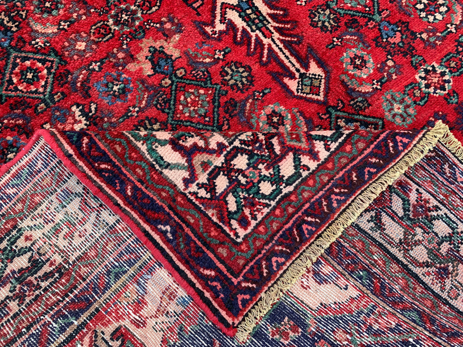 Handmade Persian Wool Area Rug 7x10 - Red Diamond Medallion Persian Style Rug with Navy Accents - Exact Size 9'10" x 6'7" - KBHM-827