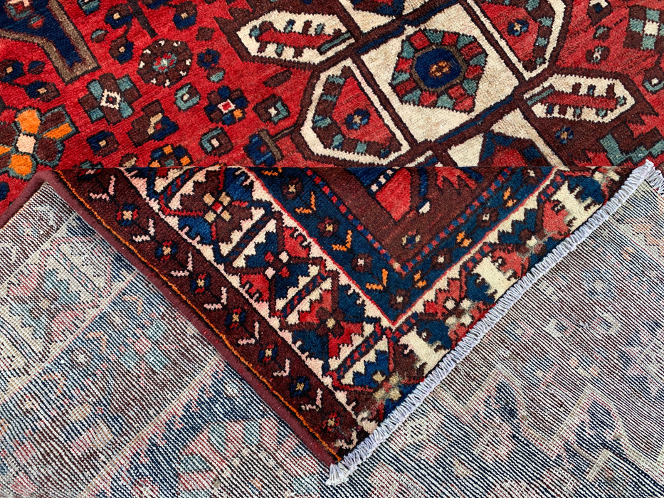 Handmade Persian Wool Area Rug 7x10 - Red Geometric Medallion Persian Style Rug with Navy Field - Exact Size 10'0" x 6'11" - KBHM-828