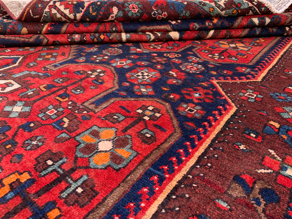 Handmade Persian Wool Area Rug 7x10 - Red Geometric Medallion Persian Style Rug with Navy Field - Exact Size 10'0" x 6'11" - KBHM-828