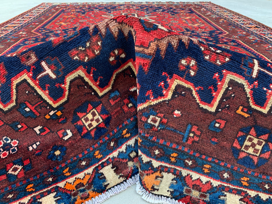 Handmade Persian Wool Area Rug 7x10 - Red Geometric Medallion Persian Style Rug with Navy Field - Exact Size 10'0" x 6'11" - KBHM-828