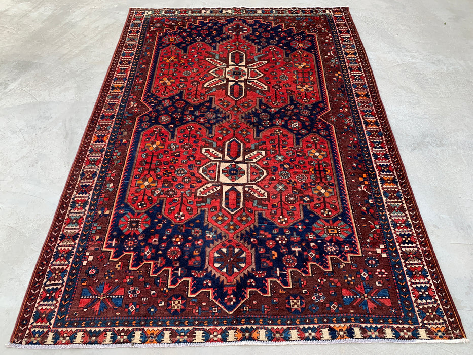 Handmade Persian Wool Area Rug 7x10 - Red Geometric Medallion Persian Style Rug with Navy Field - Exact Size 10'0" x 6'11" - KBHM-828