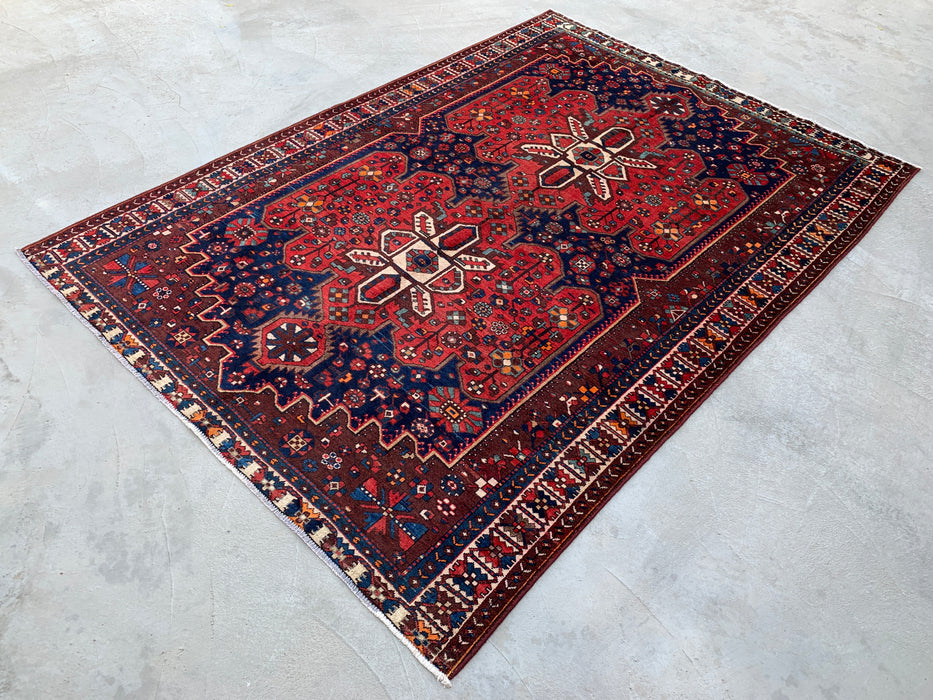 Handmade Persian Wool Area Rug 7x10 - Red Geometric Medallion Persian Style Rug with Navy Field - Exact Size 10'0" x 6'11" - KBHM-828