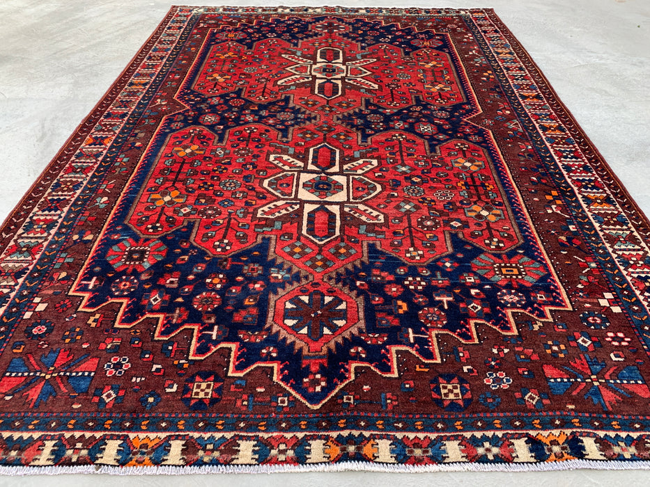 Handmade Persian Wool Area Rug 7x10 - Red Geometric Medallion Persian Style Rug with Navy Field - Exact Size 10'0" x 6'11" - KBHM-828