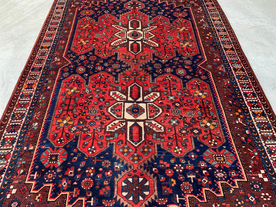 Handmade Persian Wool Area Rug 7x10 - Red Geometric Medallion Persian Style Rug with Navy Field - Exact Size 10'0" x 6'11" - KBHM-828