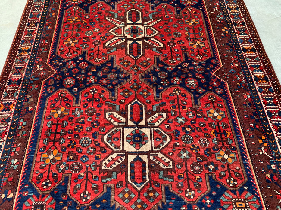Handmade Persian Wool Area Rug 7x10 - Red Geometric Medallion Persian Style Rug with Navy Field - Exact Size 10'0" x 6'11" - KBHM-828