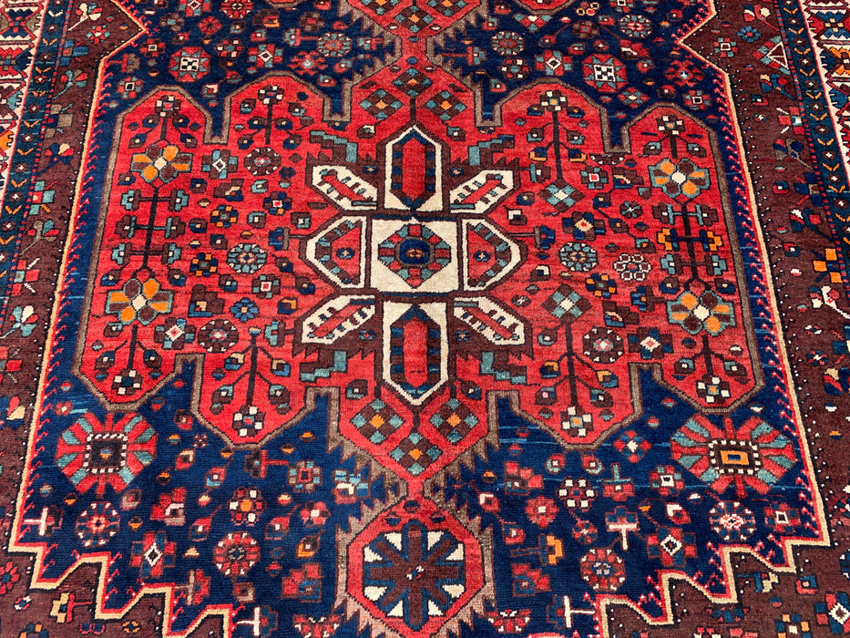 Handmade Persian Wool Area Rug 7x10 - Red Geometric Medallion Persian Style Rug with Navy Field - Exact Size 10'0" x 6'11" - KBHM-828