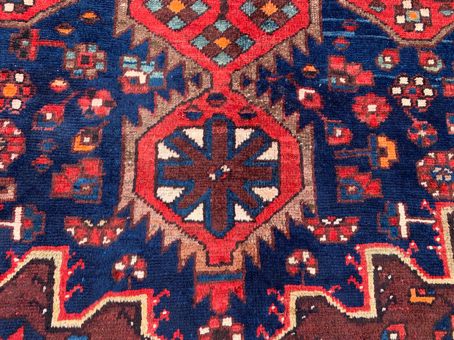 Handmade Persian Wool Area Rug 7x10 - Red Geometric Medallion Persian Style Rug with Navy Field - Exact Size 10'0" x 6'11" - KBHM-828