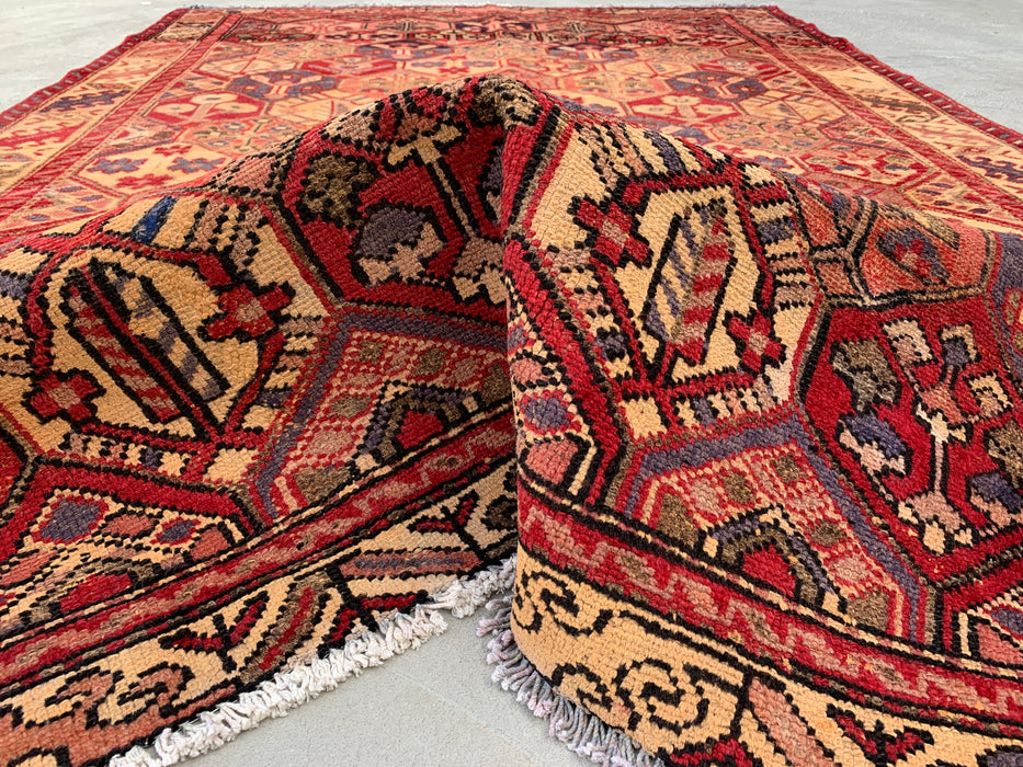 Handmade Persian Wool Area Rug 7x10 - Red Hexagon Garden Persian Style Rug with Ivory Border - Exact Size 9'3" x 6'3" - KBHM-830