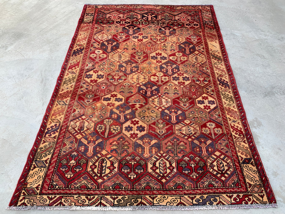 Handmade Persian Wool Area Rug 7x10 - Red Hexagon Garden Persian Style Rug with Ivory Border - Exact Size 9'3" x 6'3" - KBHM-830