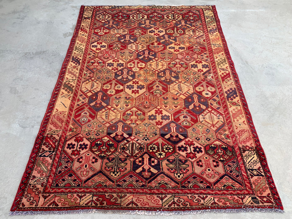 Handmade Persian Wool Area Rug 7x10 - Red Hexagon Garden Persian Style Rug with Ivory Border - Exact Size 9'3" x 6'3" - KBHM-830