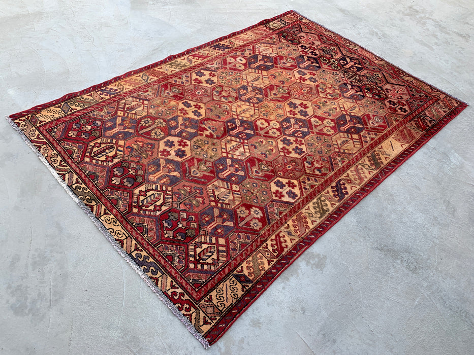 Handmade Persian Wool Area Rug 7x10 - Red Hexagon Garden Persian Style Rug with Ivory Border - Exact Size 9'3" x 6'3" - KBHM-830