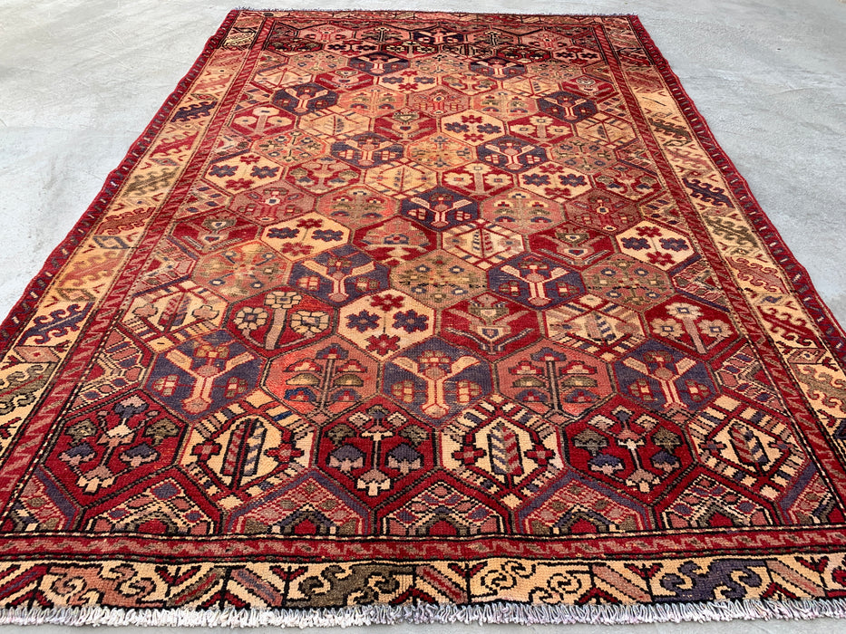 Handmade Persian Wool Area Rug 7x10 - Red Hexagon Garden Persian Style Rug with Ivory Border - Exact Size 9'3" x 6'3" - KBHM-830