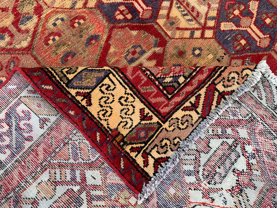 Handmade Persian Wool Area Rug 7x10 - Red Hexagon Garden Persian Style Rug with Ivory Border - Exact Size 9'3" x 6'3" - KBHM-830
